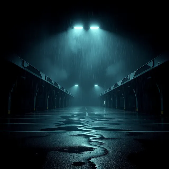 Generated cover example: empty parking garage at night in cold light